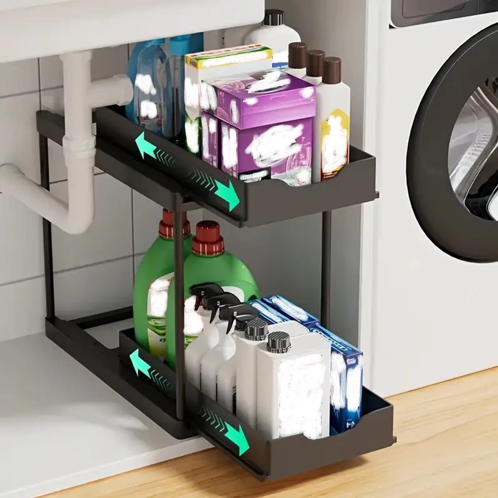 Double Layer Pull Out Kitchen Storage Rack Under Sink Organizer with Hooks