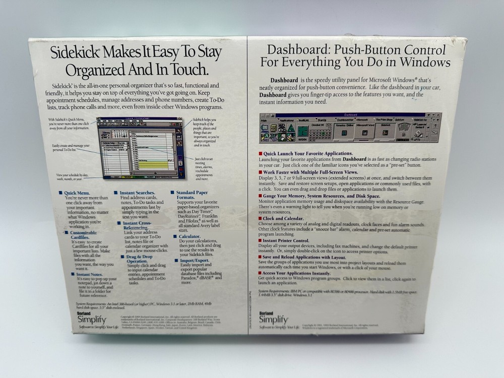 Borland 1994 PC Software Simplify Double Pack Dashboard v2.0 Sidekick NIB