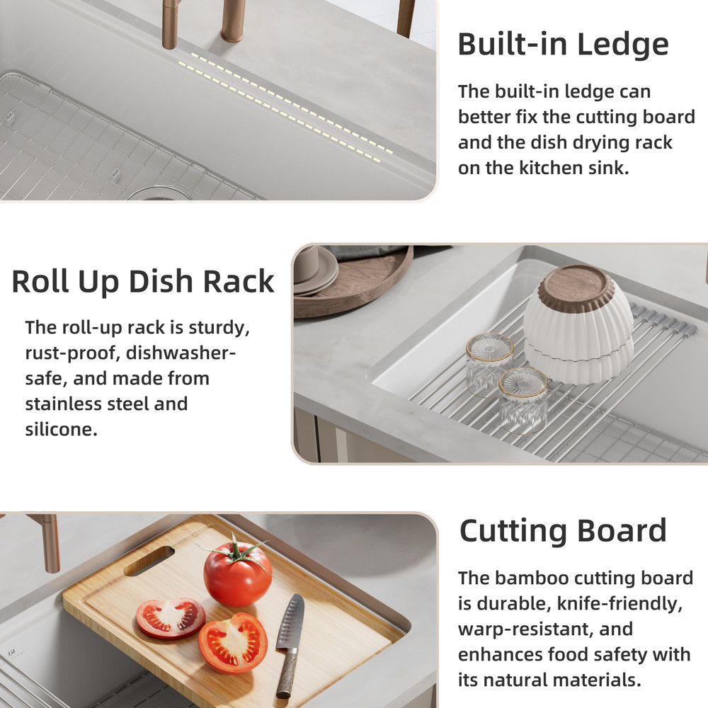 33'' Drop In/Undermount White Fireclay Kitchen Sink, Single Bowl Kitchen Sink