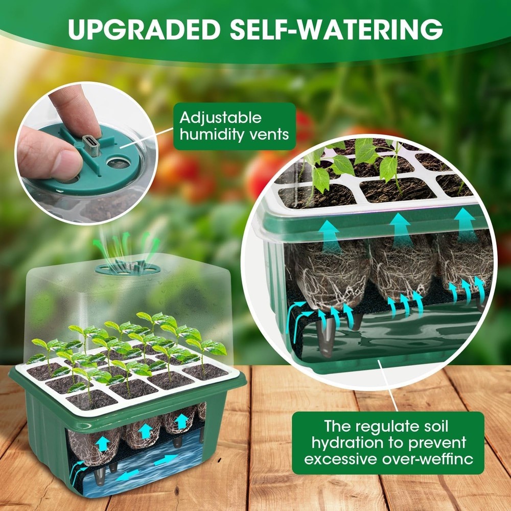 Reusable 60 Cell Seed Starter Tray Set with Adjustable Light and Humidity Dome