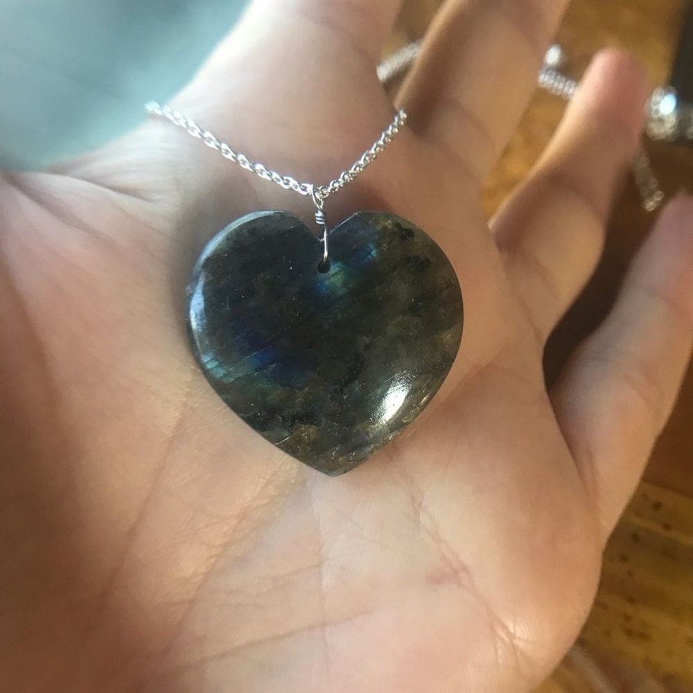 Natural Labradorite Sterling Silver Heart Necklace