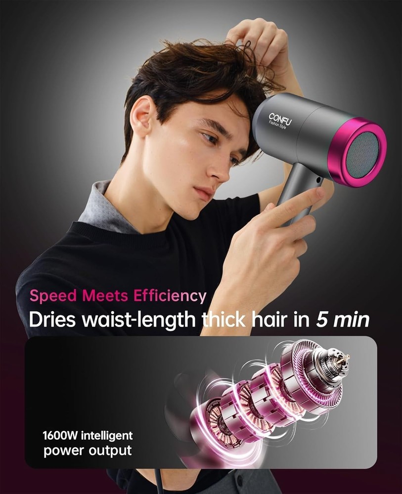 Fast Drying Ionic Blow Dryer with 3 Heat Settings & Infinity Speed Control, Grey
