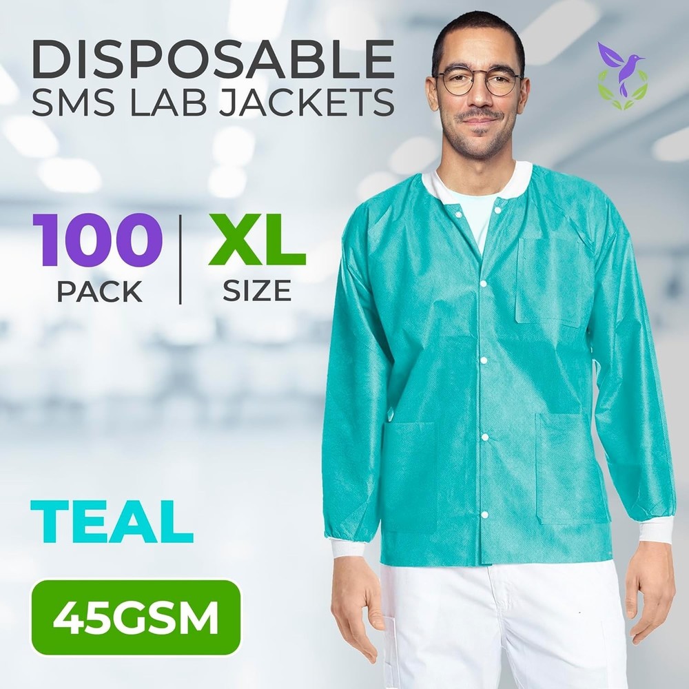 Disposable Lab Jackets 45 GSM SMS. Hip-Length Snap Front Jacket with Knit Cuf...