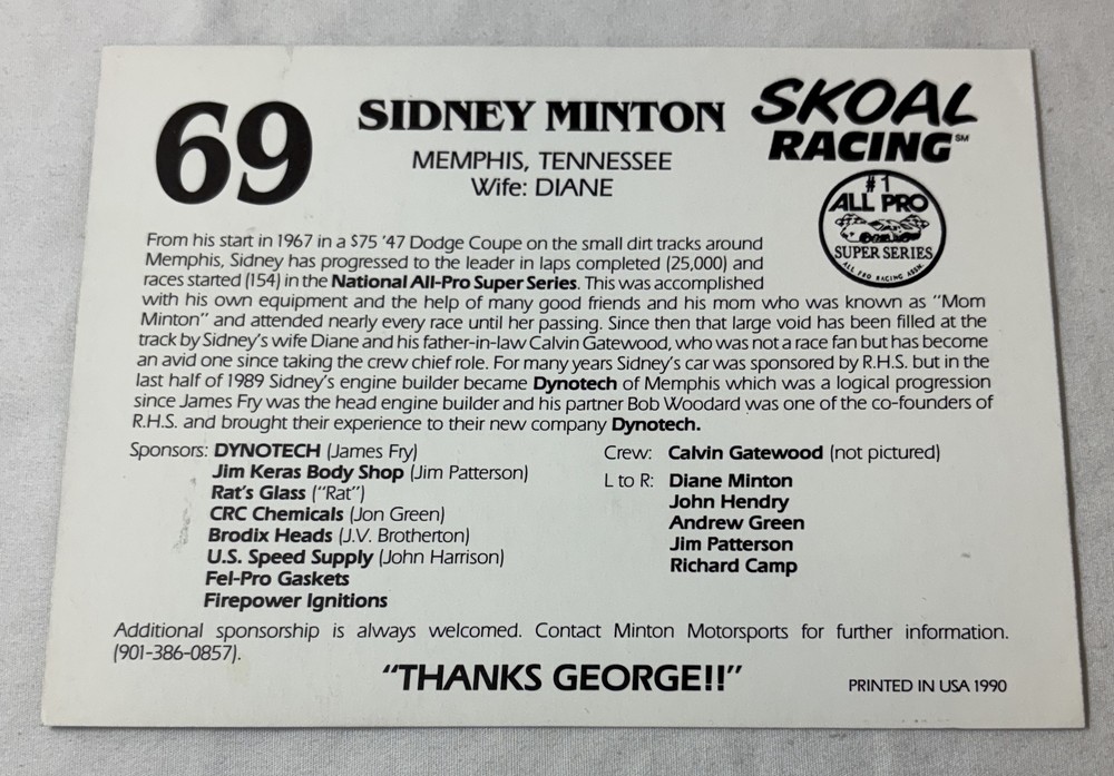 SIGNED 5x7 promo card ~ SIDNEY MINTON