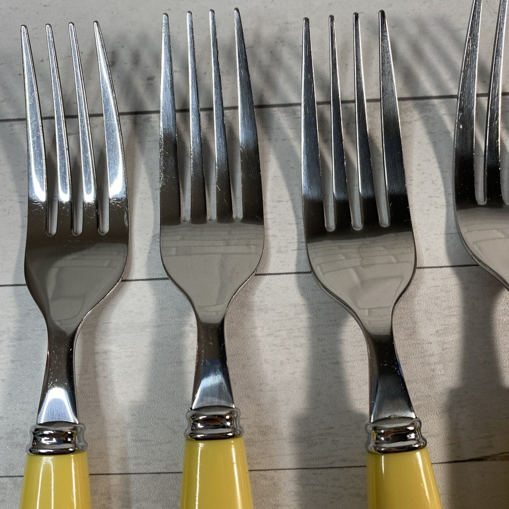 Pfaltzgraff Stainless Flatware Yellow Plastic Handle 4 Dinner Forks