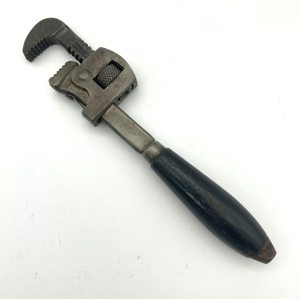 Antique Black Wood Handle Small Size 6" Long Adjustable Pipe Monkey Wrench Tool