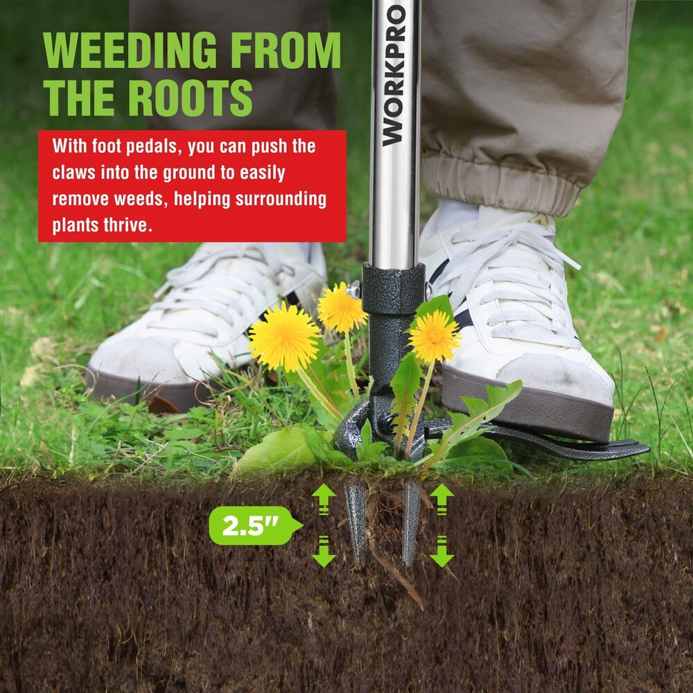 WORKPRO Weed Puller Tool Long Adjustable Handle Stand Up Heavy Duty Weed Remover