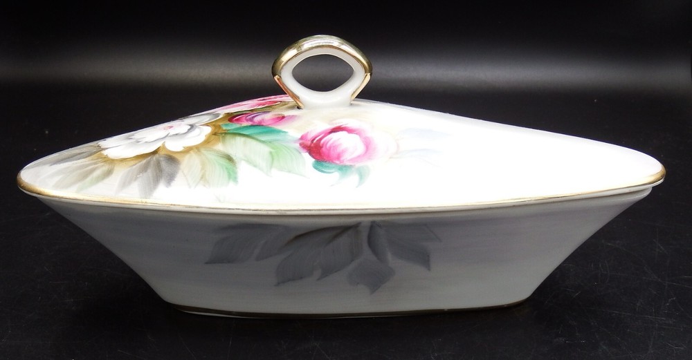 German Porcelain Triangular Floral Candy dish w/lid