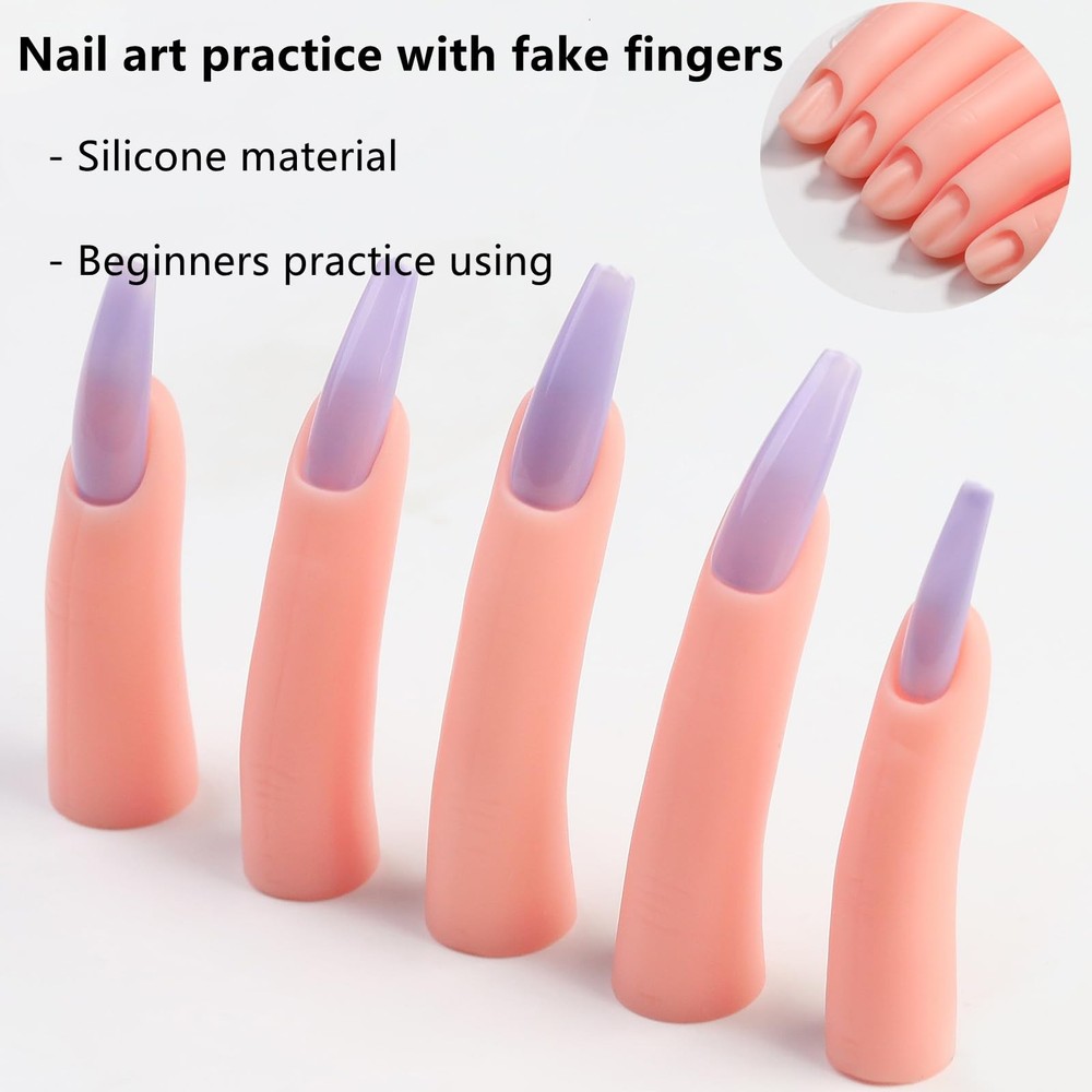 5 Pcs Practice Hand Fake Nails Kit, Silicone False Finger Pink