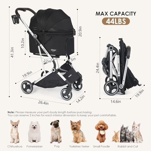 T4 Pet Stroller for Small Medium Dogs, Cat Strollers for 2 Cats, 4 Wheels Black