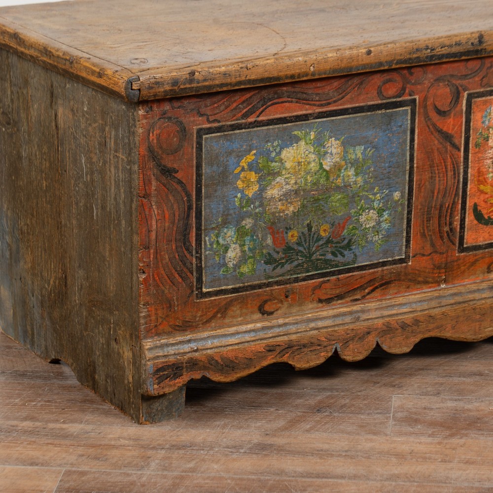Long Narrow Hand Painted Pine Trunk Bench, Dated 1889