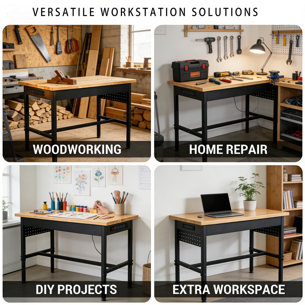 Workbench with Power Outlets & USB, 2500LBS Capacity, Adjustable Height, 60"x24"