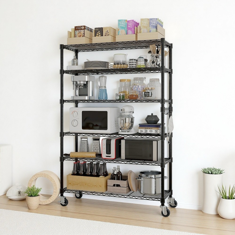 6-Tier Rolling Wire Shelving Unit - Heavy Duty, Adjustable, Black & Hooks
