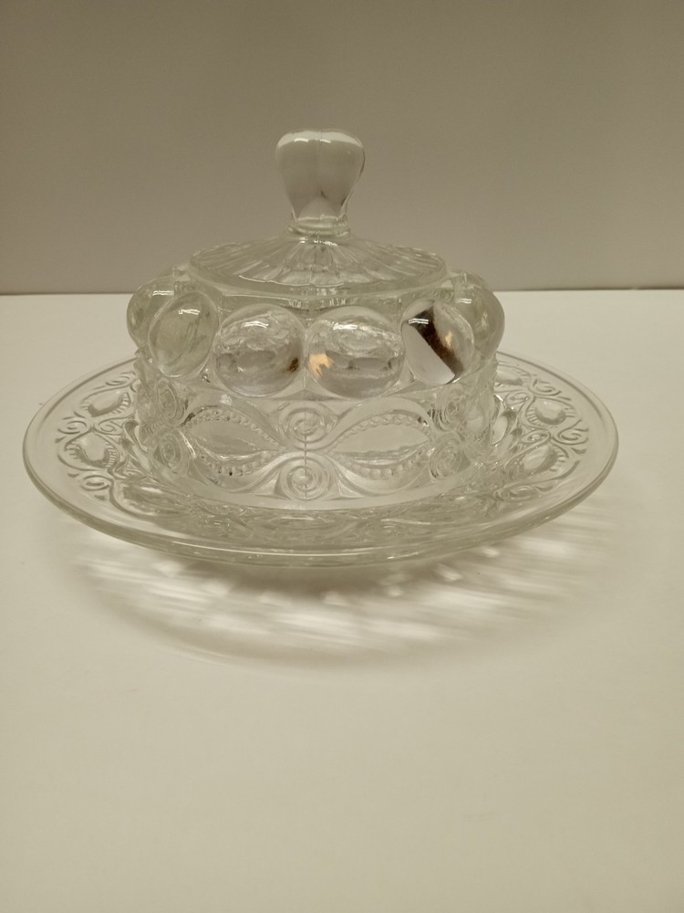 LG Wright “Eyewinker” Clear Round Butter Dish & Lid 7 5/8”