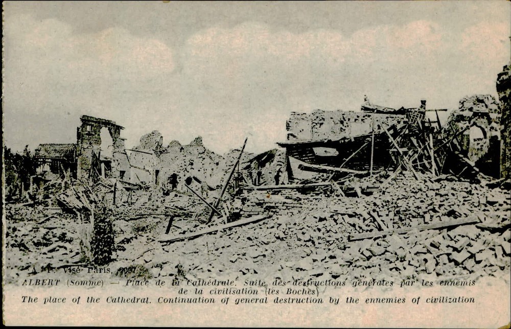 Postcard WWI postcard: Albert Cathedral destruction.