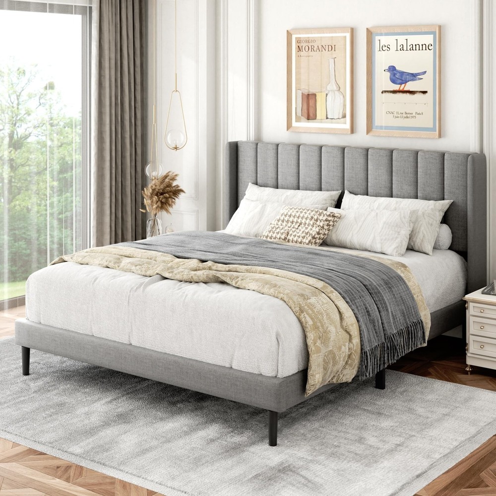 Queen Size Bed Frame with Upholstered Wingback Headboard, Easy Assemnly Platf...