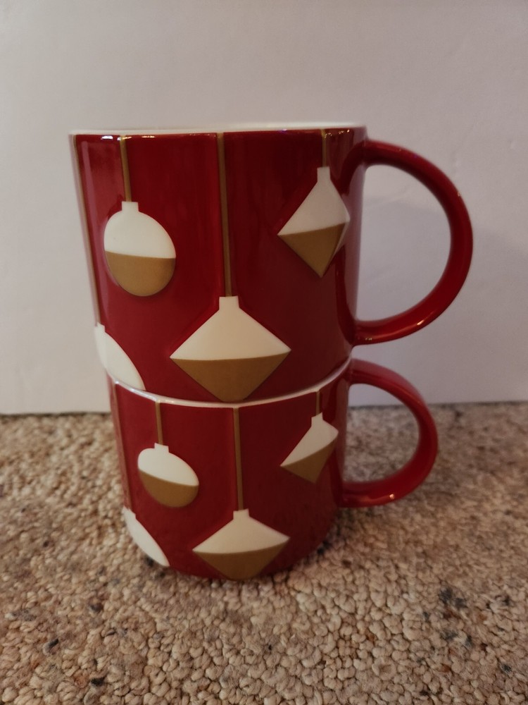 2 Excellent Stackable 2012 Starbucks 14oz Red W/White Gold Ornaments!