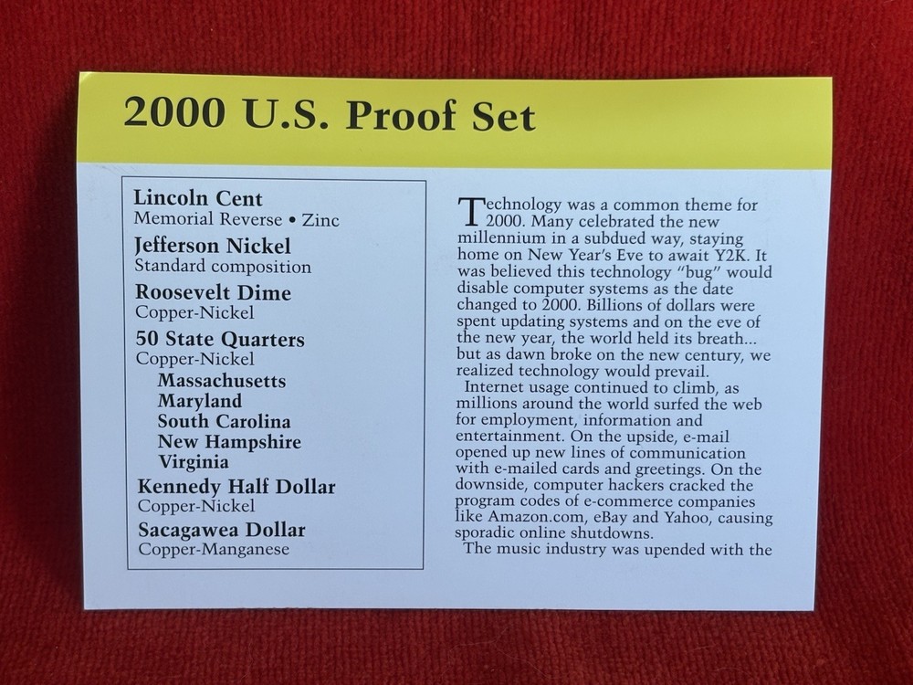 2000 US Proof Set Divider Card Yellow Border