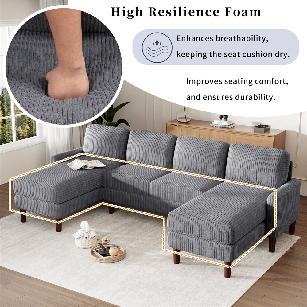 103'' U-shaped Sponge-filled Cushion Combination Sofa with Solid Wood Legs