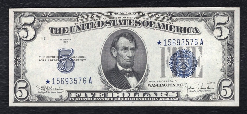 FR 1653* 1934-C $5 FIVE DOLLARS *STAR* SILVER CERTIFICATE GEM UNCIRCULATED