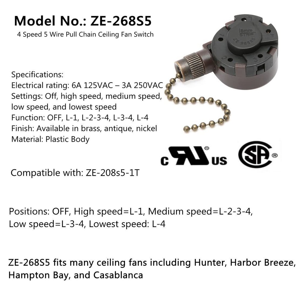 Ceiling Fan Switch Zing Ear ZE-268S5 4 Speed 5 Wire Pull Chain Ceiling Fan Sw...