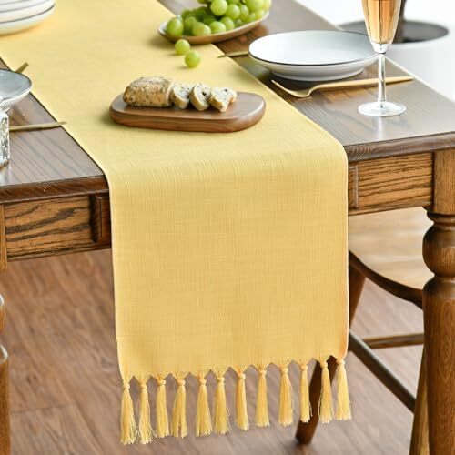 Tassel Table Runner, Summer Linen Blend Rustic 13" x 72", Table Runner Yellow