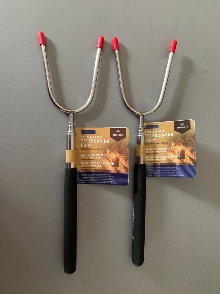 TWO STAINLESS STEEL BACKYARD CAMPFIRE ROASTING TELESCOPING FORKS Extends to 34"
