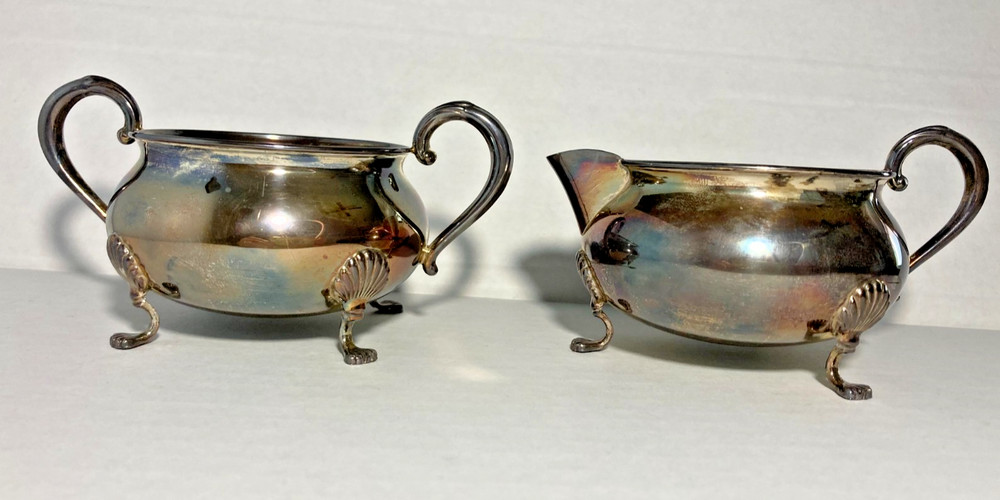 FISHER STERLING SILVER OPEN SUGAR & CREAMER -710 SHELL PATTERN FEET-never used