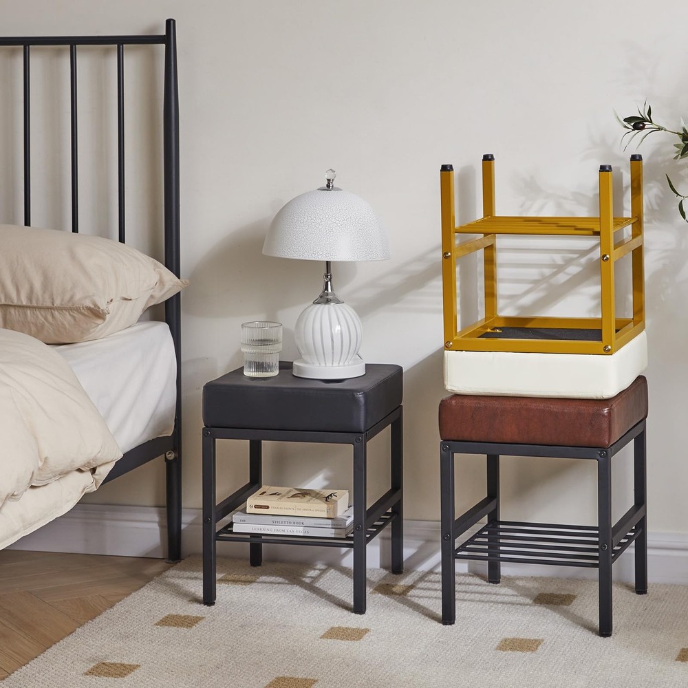 Square Makeup Stool Adjustable Feet Storage Space Footrest Chair PU Vanity