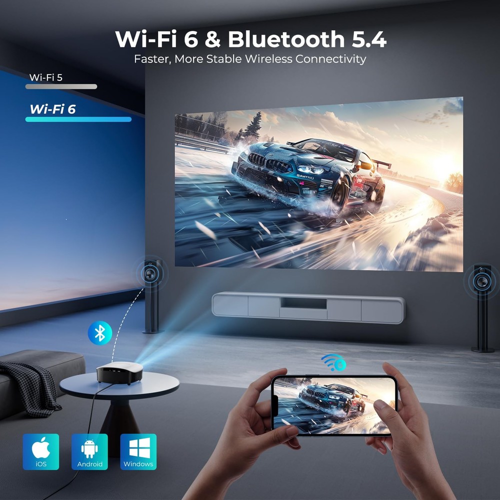 Smart Mini Projector with WiFi and Bluetooth - 1200 ANSI 4K Support, Compatib...