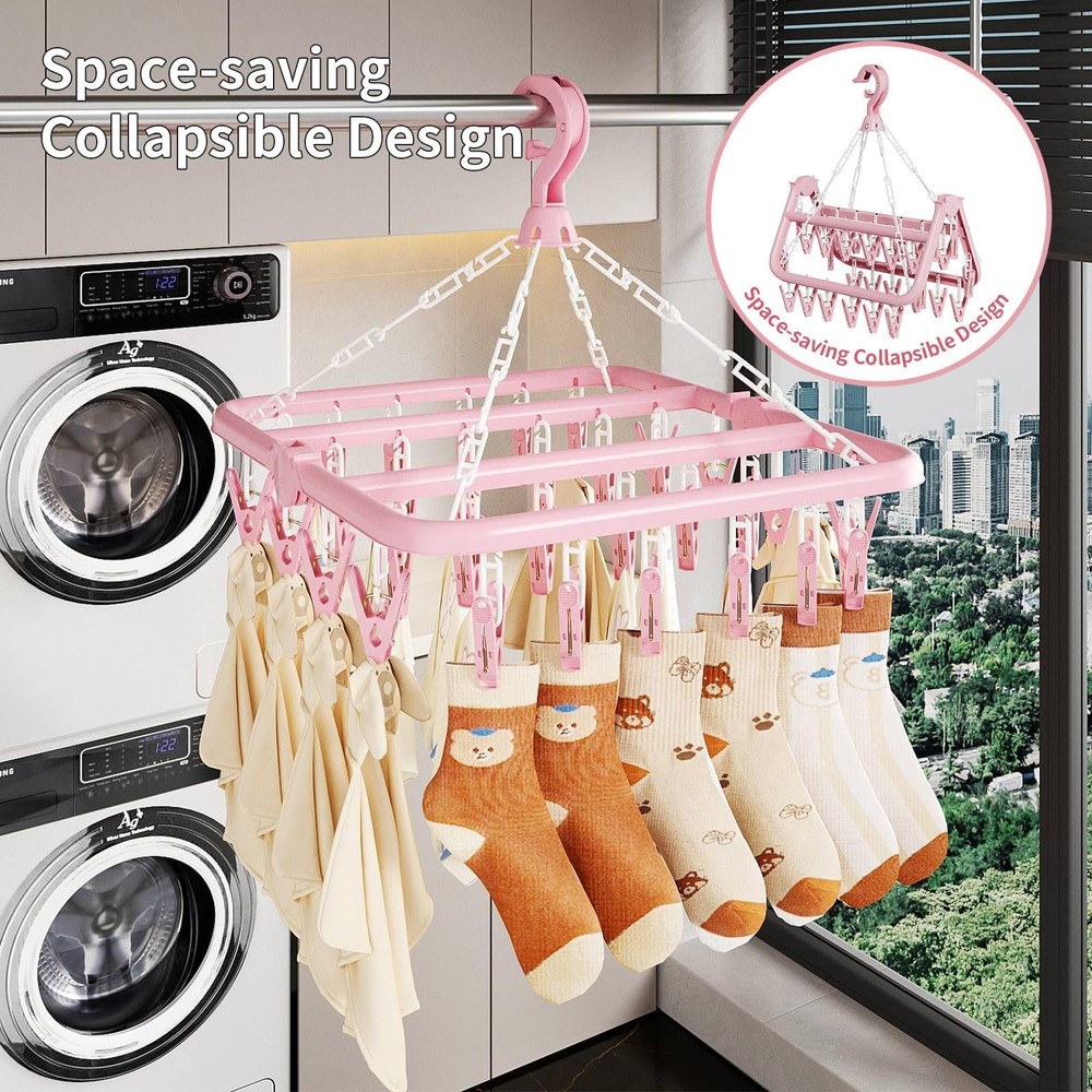 Clothes Drying Rack with 32 Clips, Foldable Hanging Rack, 360° Rotatable Hook...