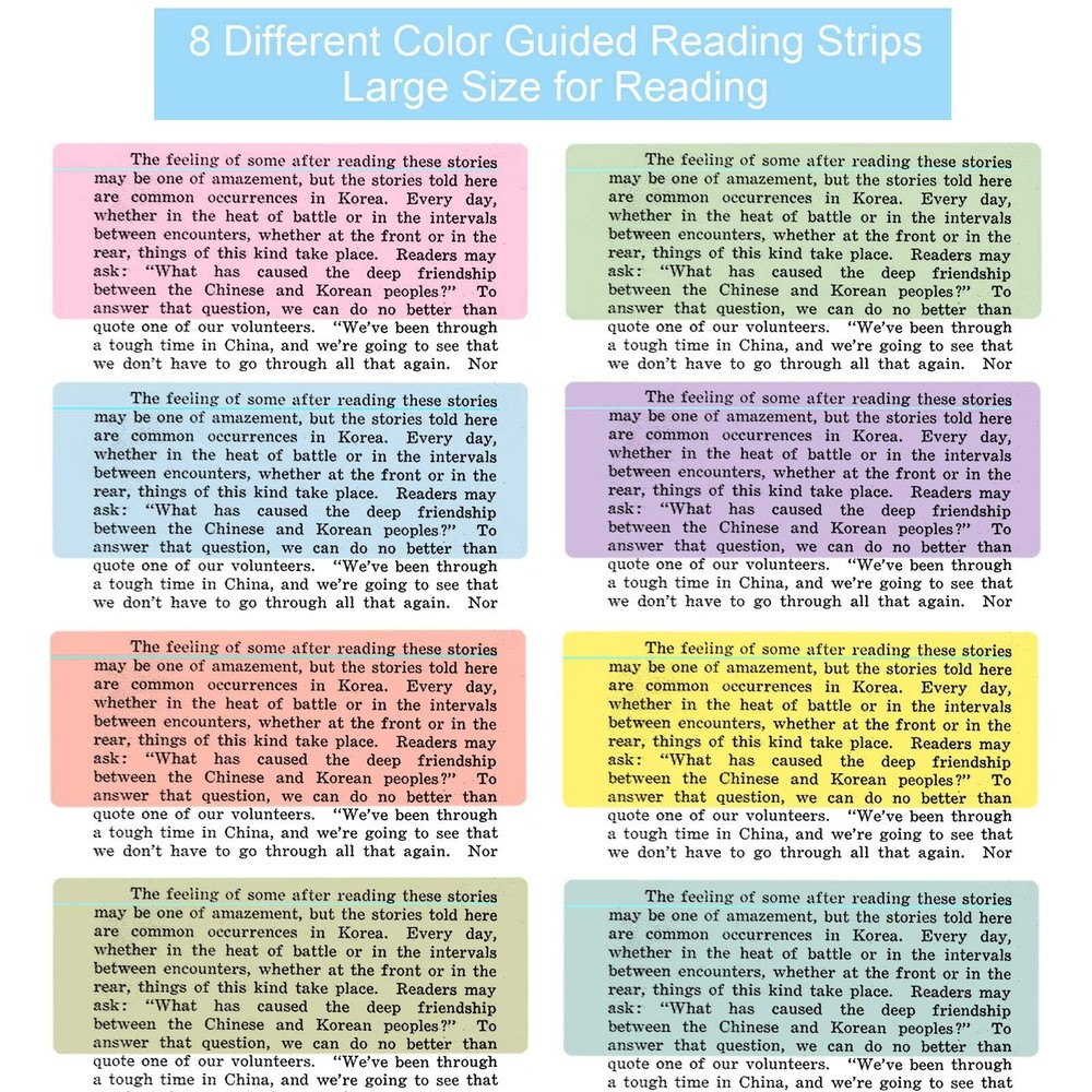 Guided Reading Strips, Tracking Rulers, Visual Stress Relief, 8 Colors