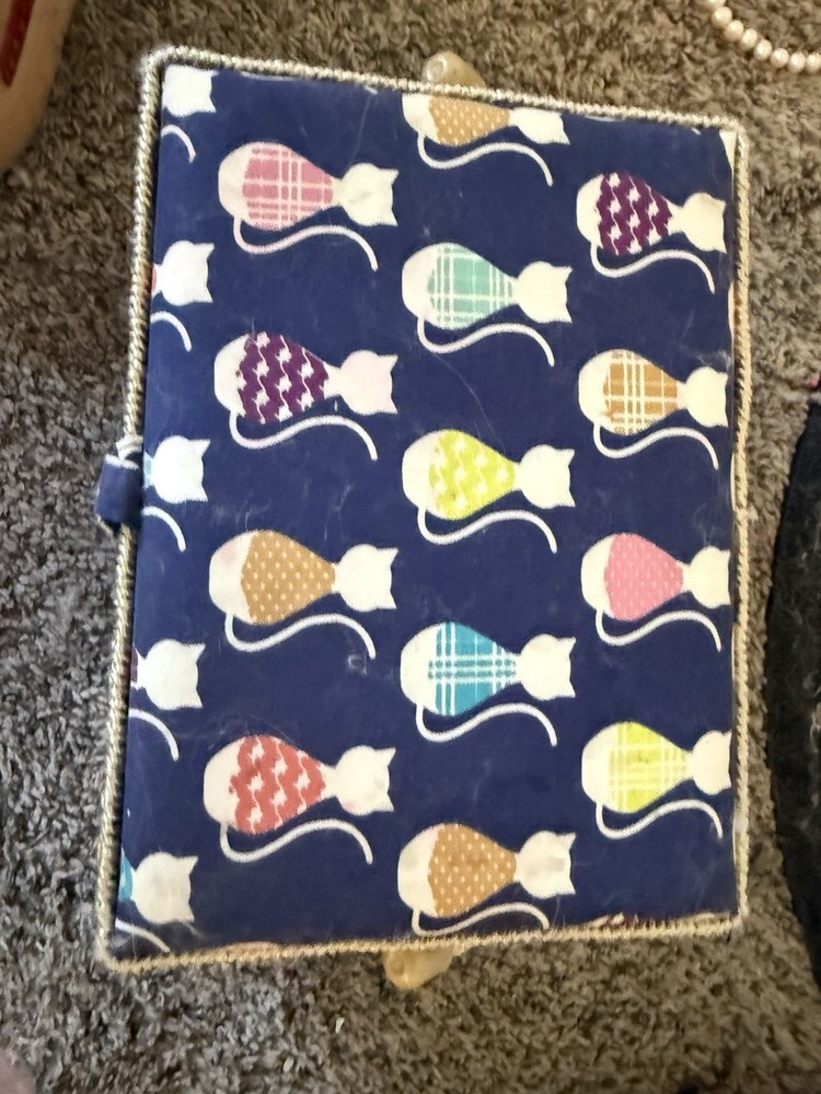 Cat Pattern Sewing Basket, Blue Multicolor Fabric Covered, Red Interior