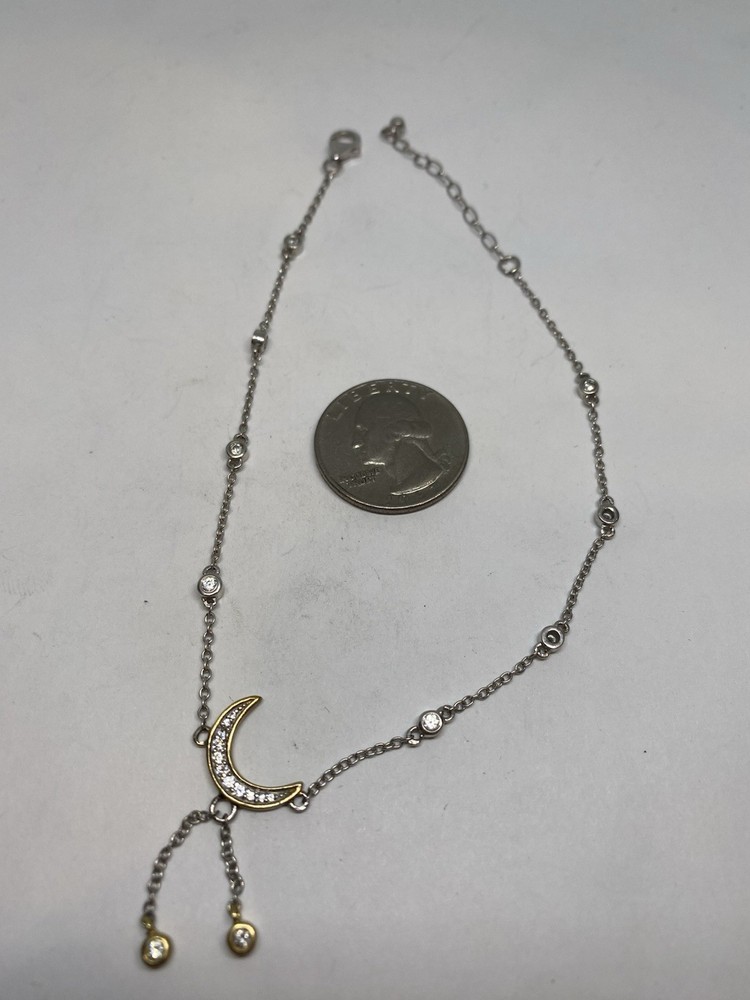 11” STERLING SILVER CRYSTAL LINK CRESCENT MOON DANGLE ADJUSTABLE STAMPED