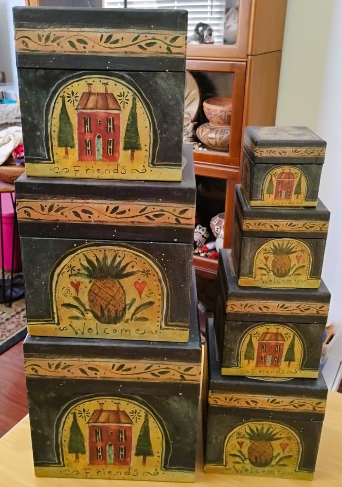 7 Bob's Boxes Primitive Welcome Friends Stackable Nesting Susan Winget Design