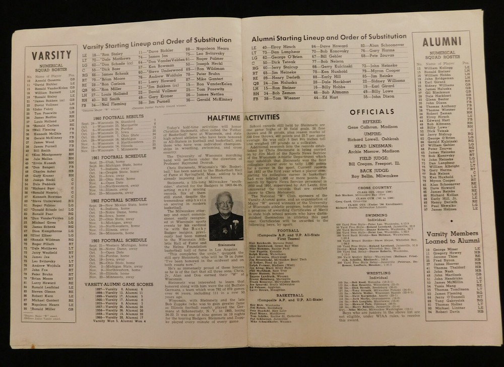 Wisconsin Badgers 1961 Varsity Vs Alumni Official Program "Camp Randall Stadium"