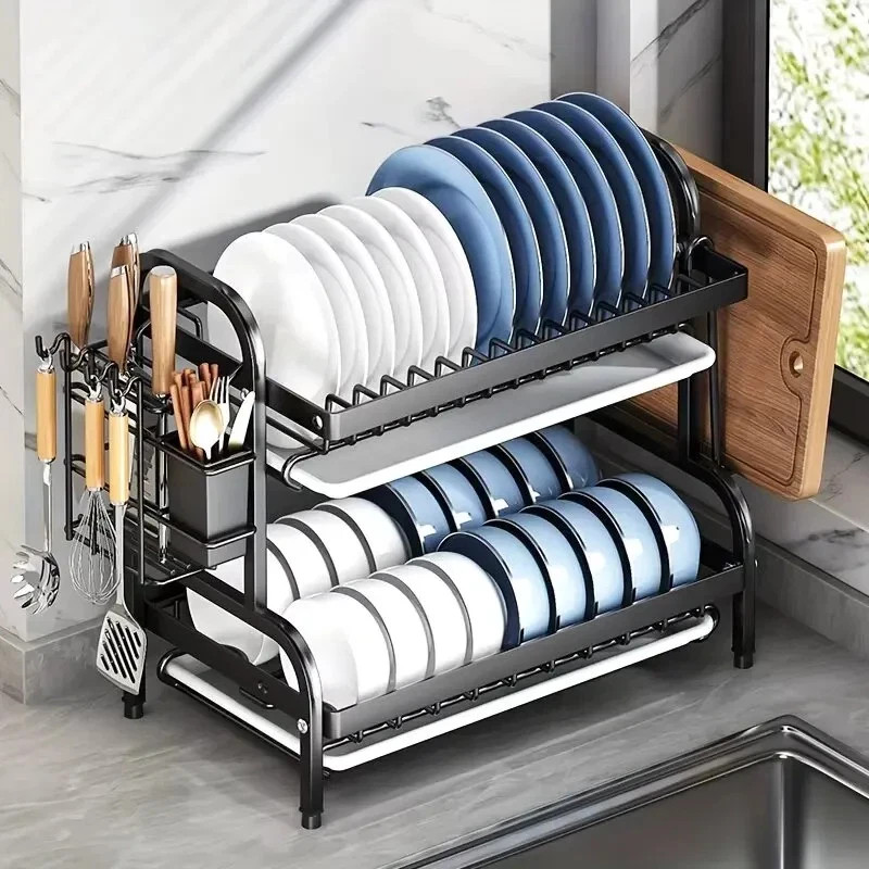 Dish Drying Rack 2-Tier Compact Kitchen Dish Rack Drainboard Set Large Rust-Proo