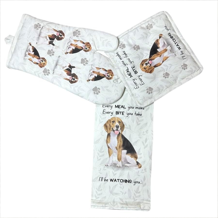 Beagle 3-Piece Kitchen Set - Oven Mitt, Pot Holder & Kitchen Towel Set