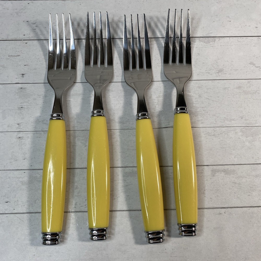 Pfaltzgraff Stainless Flatware Yellow Plastic Handle 4 Dinner Forks