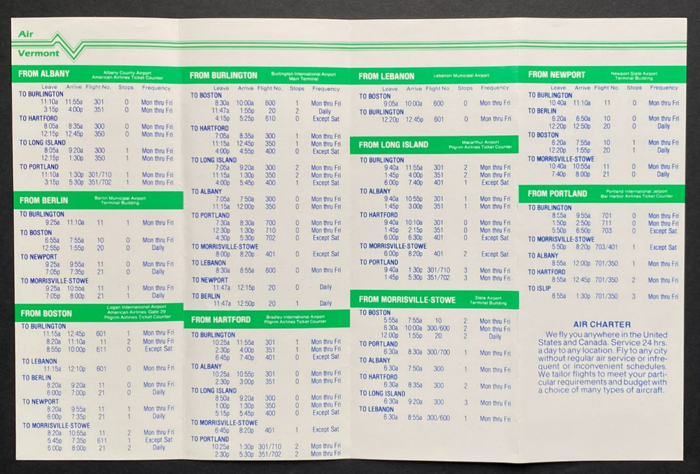 Air Vermont Timetable Effective August 15, 1982