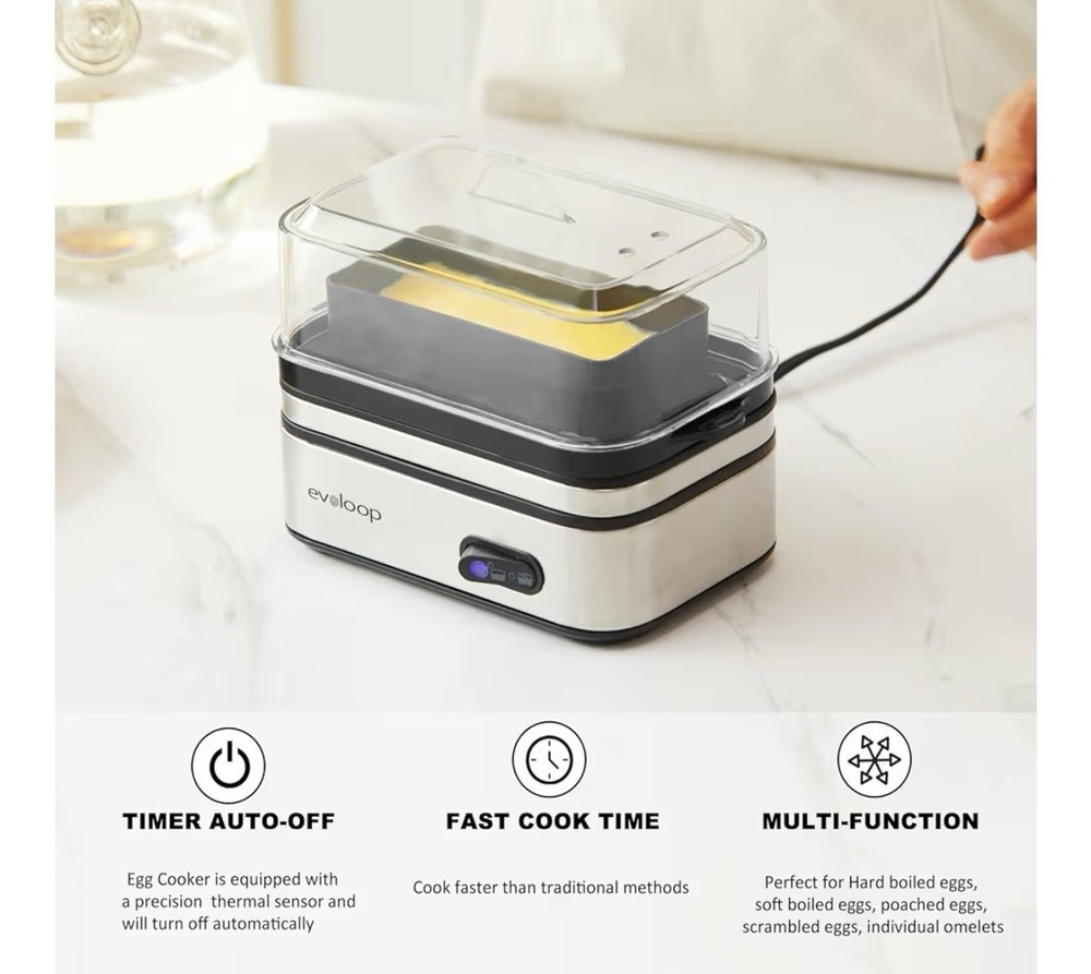 Evoloop Rapid Egg Cooker Electric 6 Eggs Capacity, Soft, Medium, Hard Boiled,
