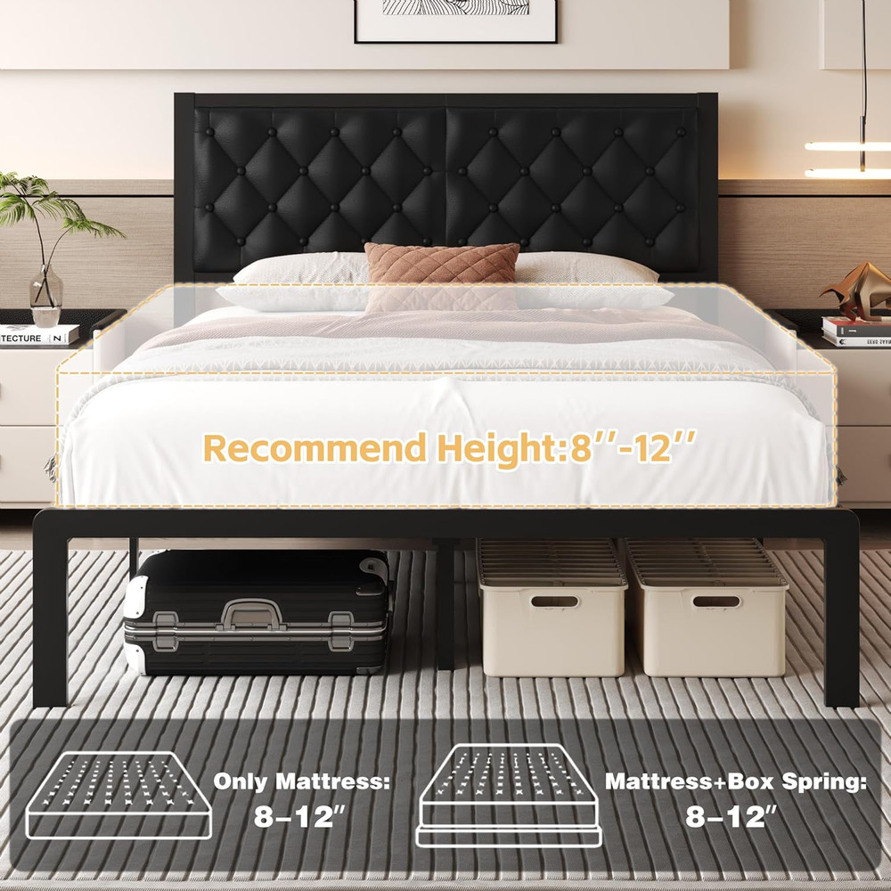 Queen Bed Frame with Headboard PU Leather Upholstered Bed Frame Platform,All Met