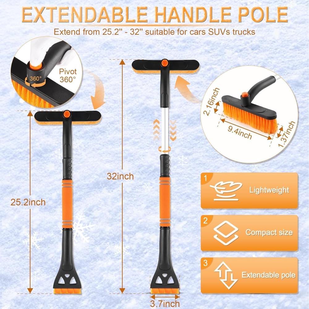 32" Extendable Ice Scraper & Snow Brush for Car Windshield, 360° Rotating Sno...