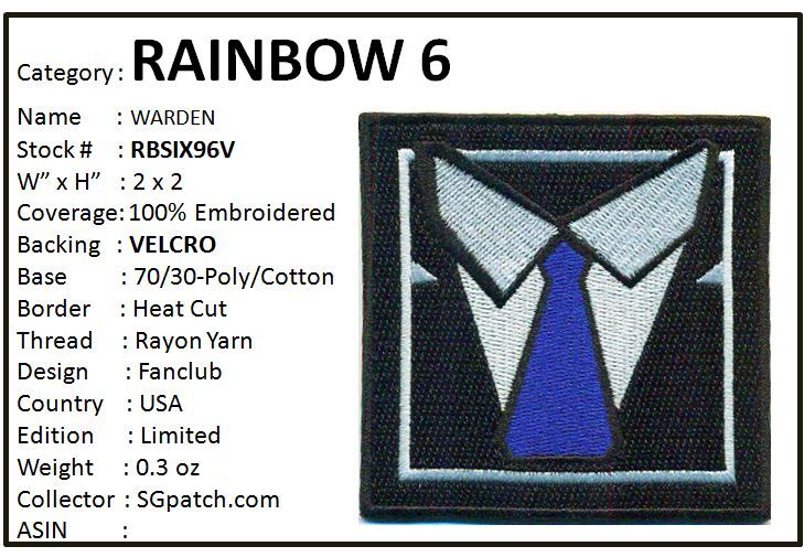 RAINBOW SIX OPERATOR PATCH WITH HOOK BACKING - WARDEN - RBSIX96V