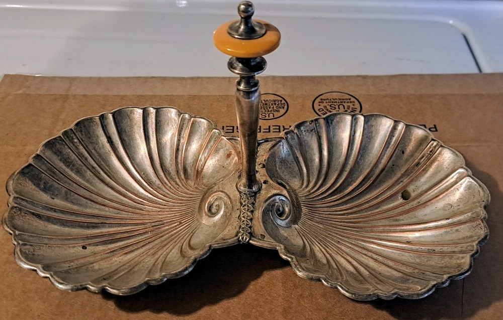 Vintage Crown Silver Plated Double Shell Candy Dish Bakelite Handle Marked