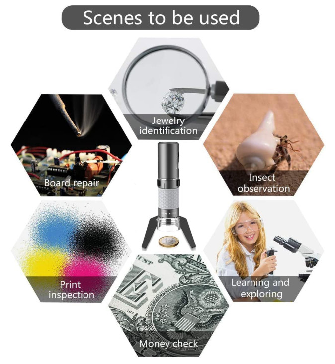 WiFi USB Microscope 50–1000x 4K, 8 LEDs, Stand, for iOS Android Mac Win Linux