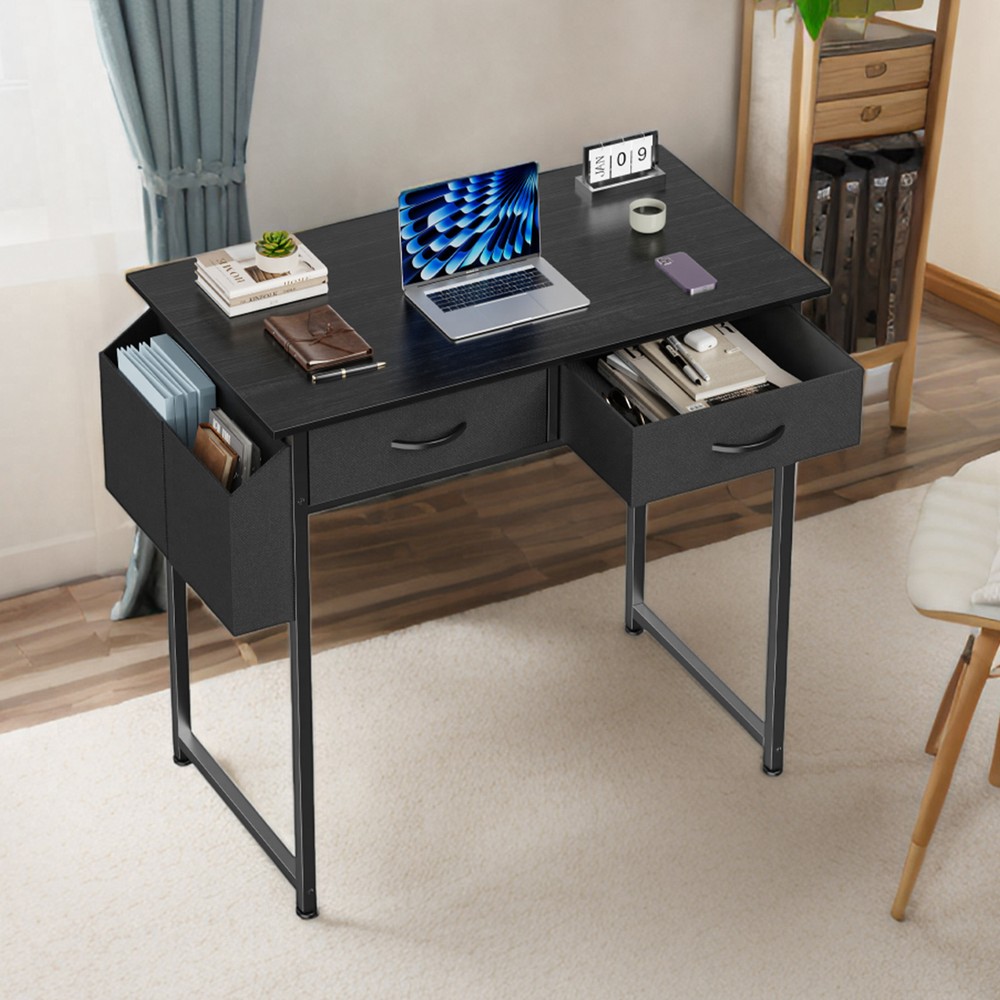 32" Office Small Computer Desk,Home Study Table with 2 Fabric Drawers & Side Bag
