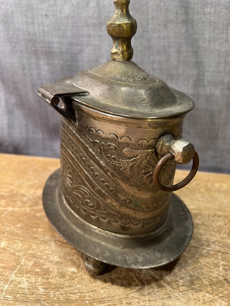 Antique Turkish Tea Coffee Container Caddy Footed Lidded Embossed Metalware