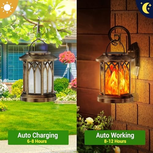 Solar Lanterns Outdoor Waterproof, Upgraded Flickering Solar 4 Pack Flame