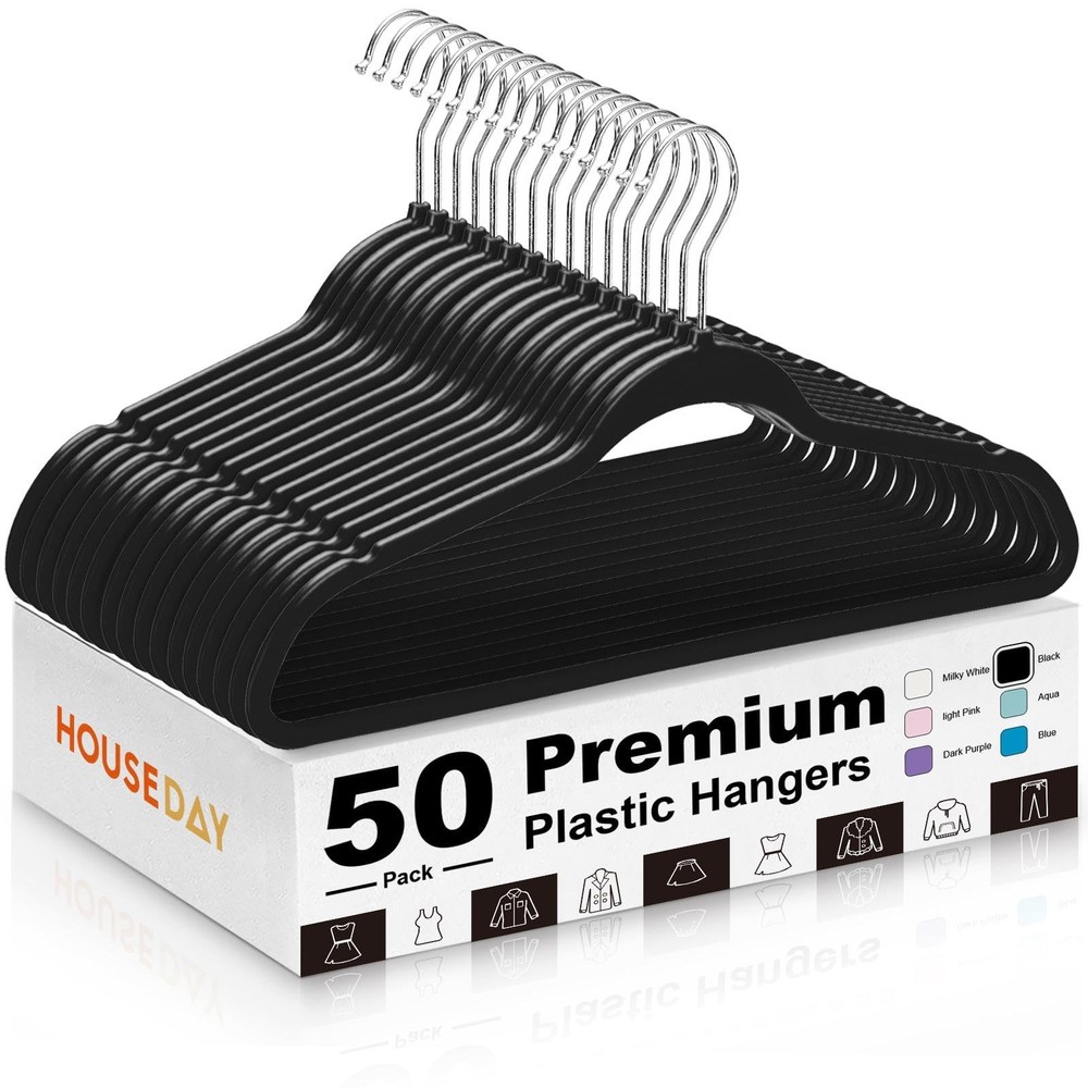 Plastic Hangers Black 50 Pack Heavy Duty for Clothes